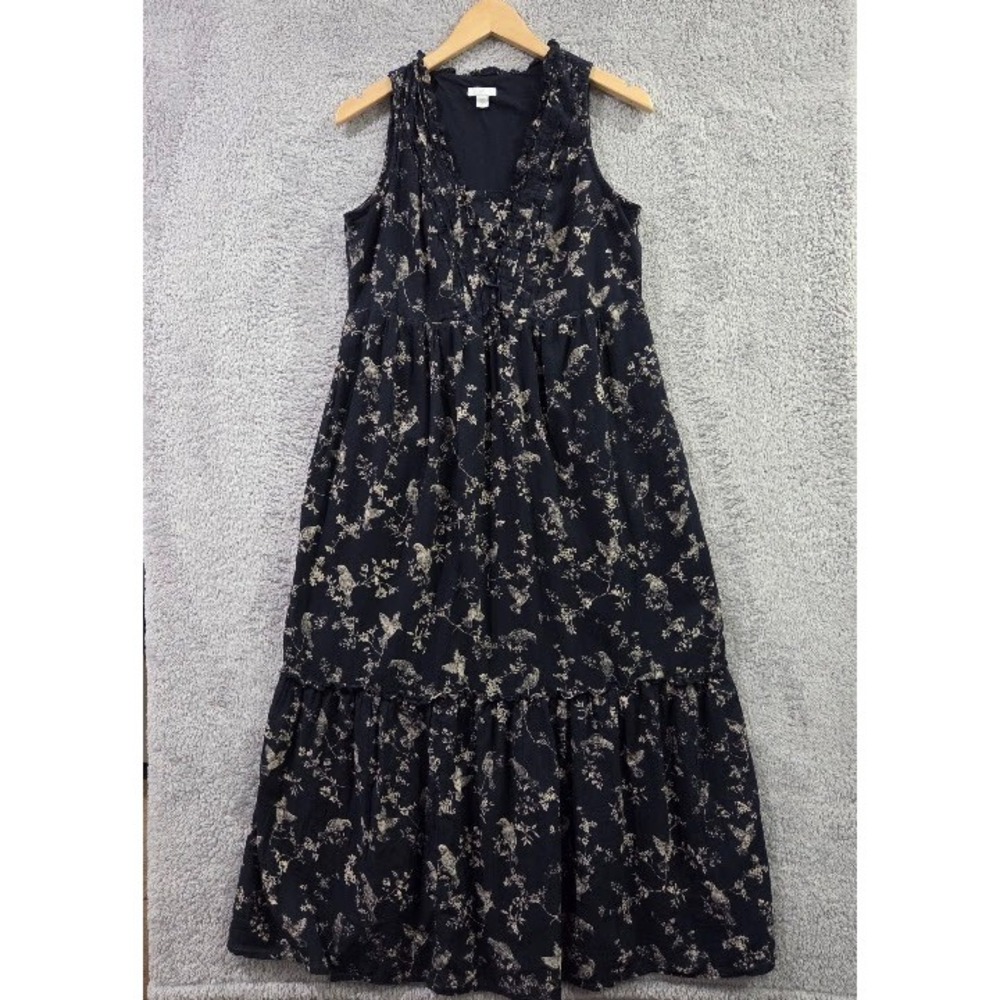 J. Jill Navy Cotton Bird Floral Midi Dress Small Tall Tiered Ruffle V-Neck